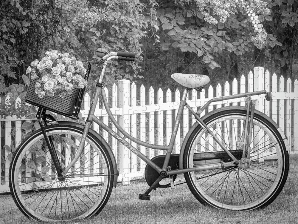 Carolina Jigsaw Puzzle featuring the photograph Bicycle by the Garden Fence II Black and White by Debra and Dave Vanderlaan