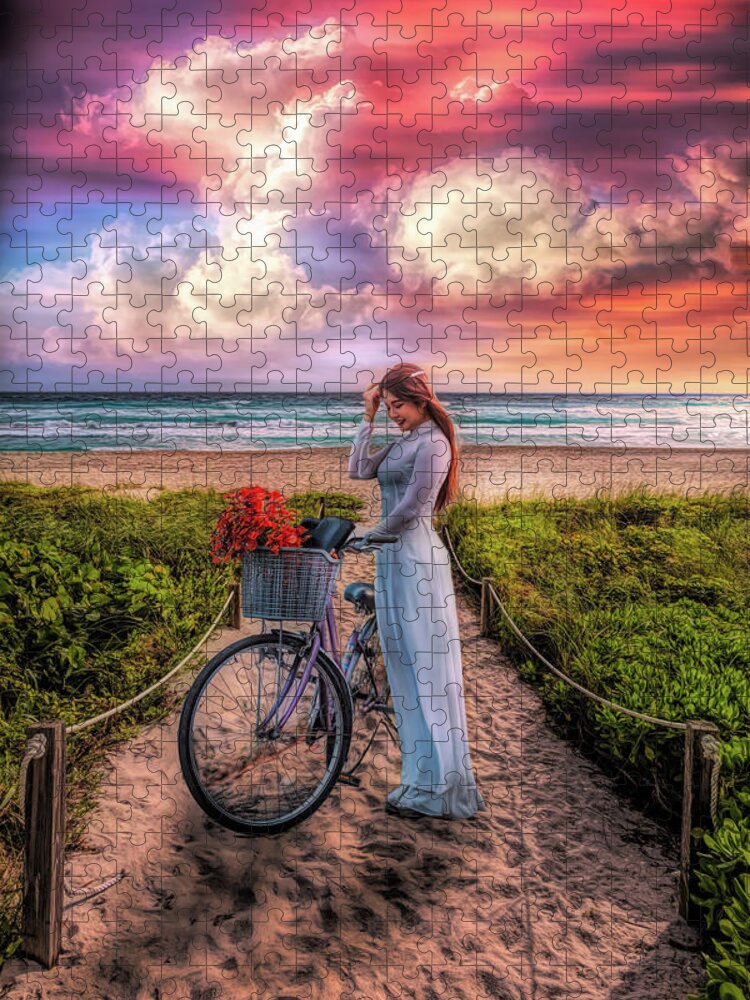 Beach Jigsaw Puzzle featuring the photograph Bicycle on the Beach Trail Painting by Debra and Dave Vanderlaan