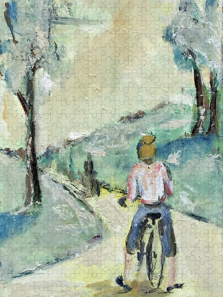  Bicyclists Jigsaw Puzzle featuring the painting Bicycle Path by Sharon Sieben