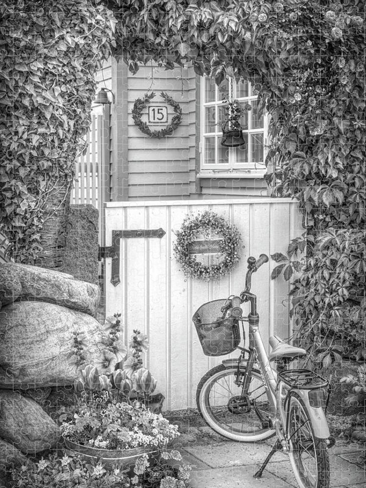 Spring Jigsaw Puzzle featuring the photograph Bicycle Waiting at the Garden Gate in Black and White by Debra and Dave Vanderlaan