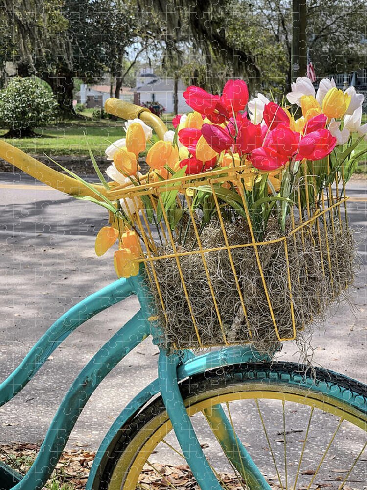 Mcclellanville South Carlina Jigsaw Puzzle featuring the photograph Bicycle with a Basket of Tulips, McClellanville, South Carolina by Dawna Moore Photography