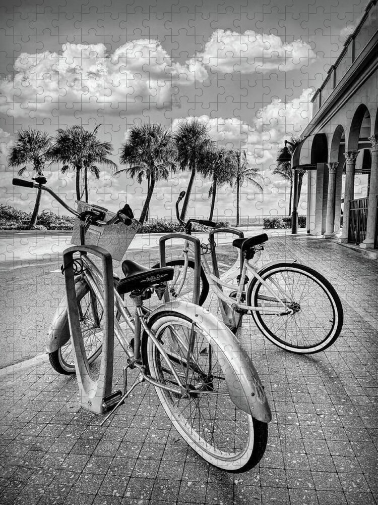 Black Jigsaw Puzzle featuring the photograph Bicycles at the Beach Casino Black and White by Debra and Dave Vanderlaan