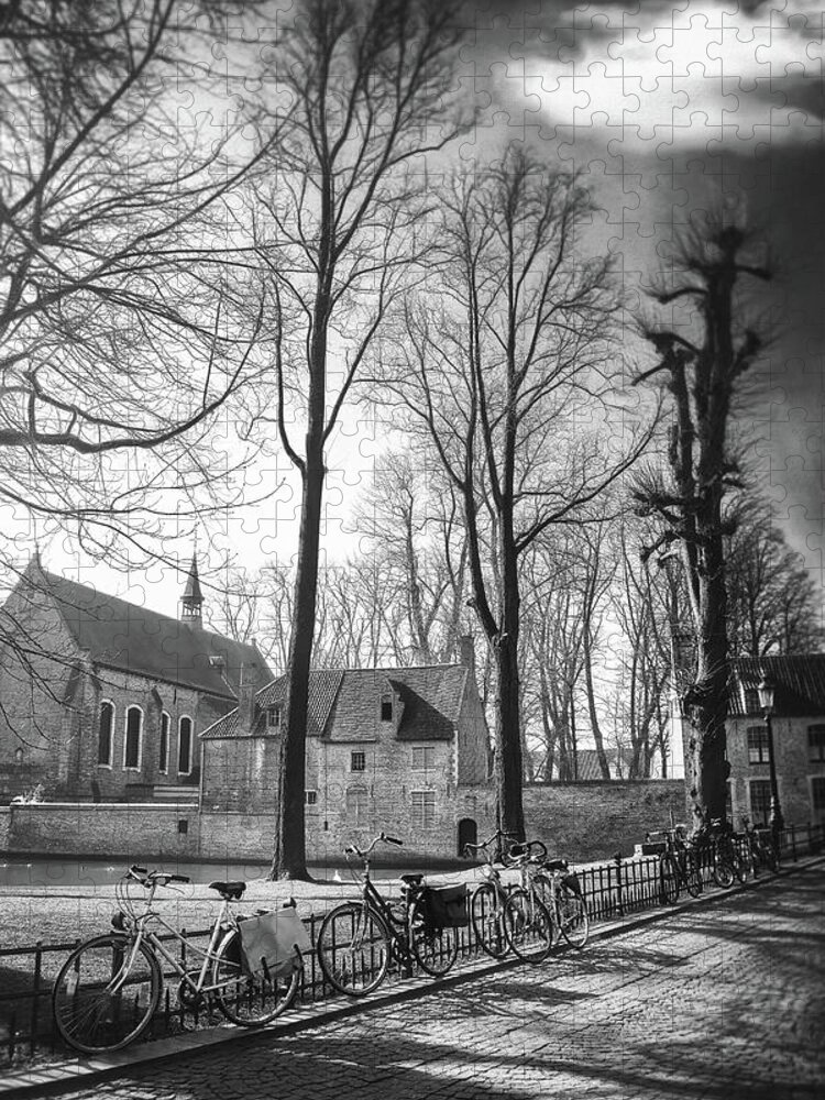 Bruges Jigsaw Puzzle featuring the photograph Bicycles of Bruges Belgium Black and White by Carol Japp