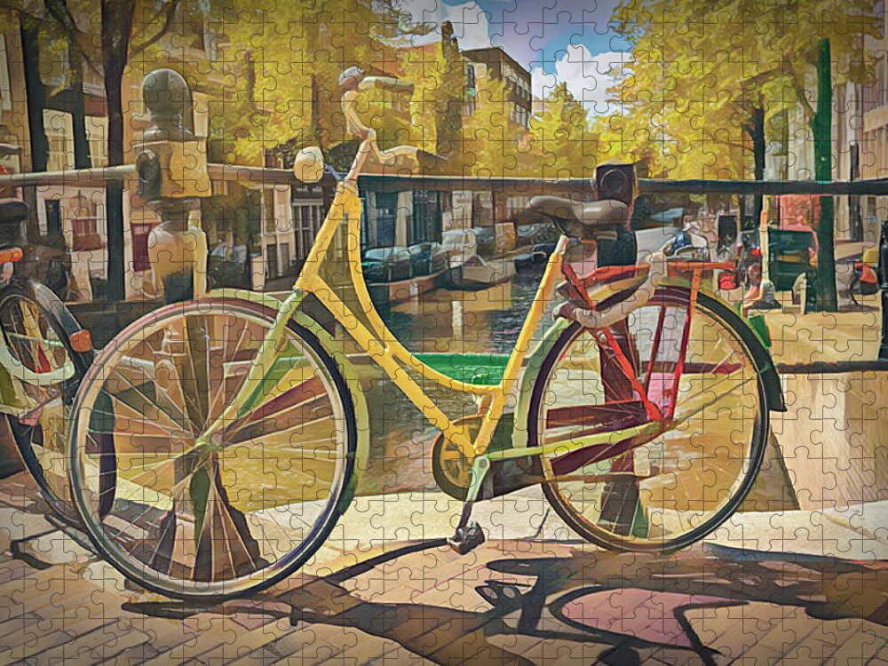 Boats Jigsaw Puzzle featuring the photograph Bicycles on the Canals Abstract Painting by Debra and Dave Vanderlaan