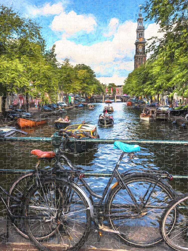 Boats Jigsaw Puzzle featuring the photograph Bicycles on the Canals II Painting by Debra and Dave Vanderlaan
