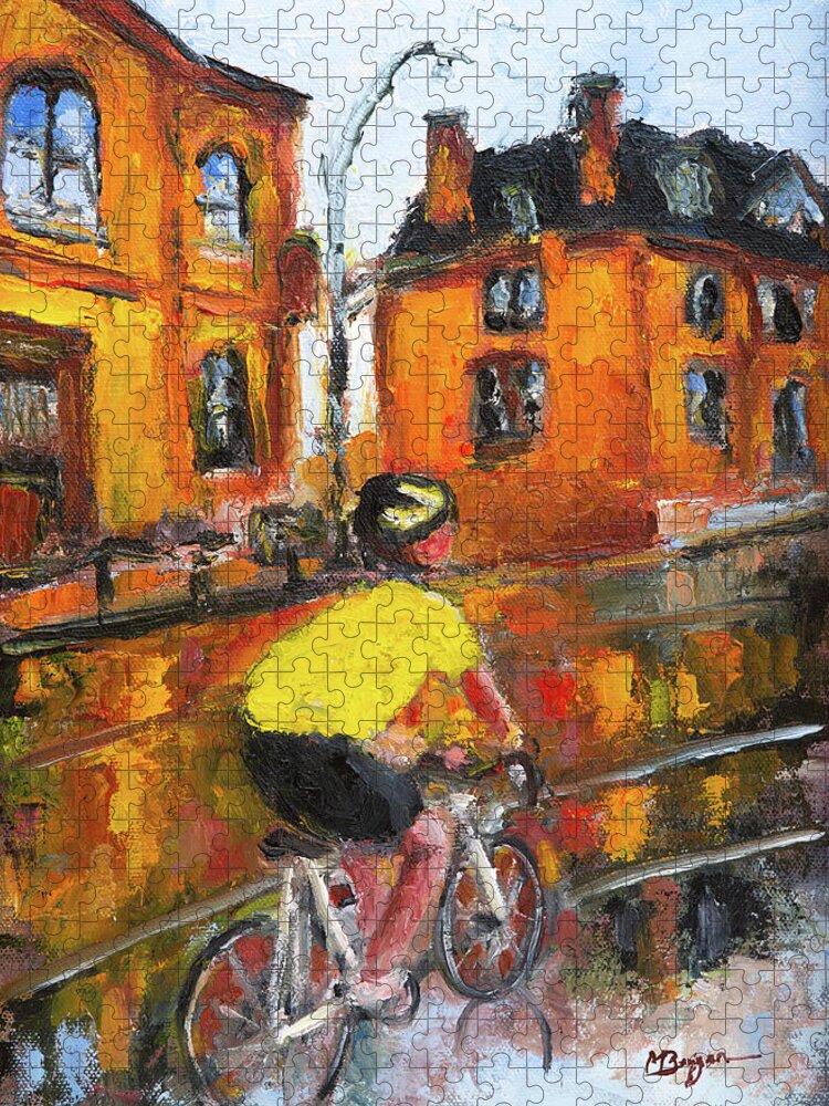 Rain Jigsaw Puzzle featuring the painting Bicycling in Halifax by Mike Bergen