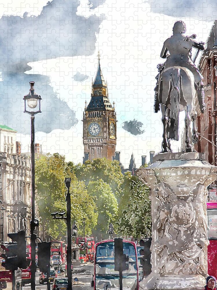 Big Ben Jigsaw Puzzle featuring the digital art Big Ben and King George by SnapHappy Photos