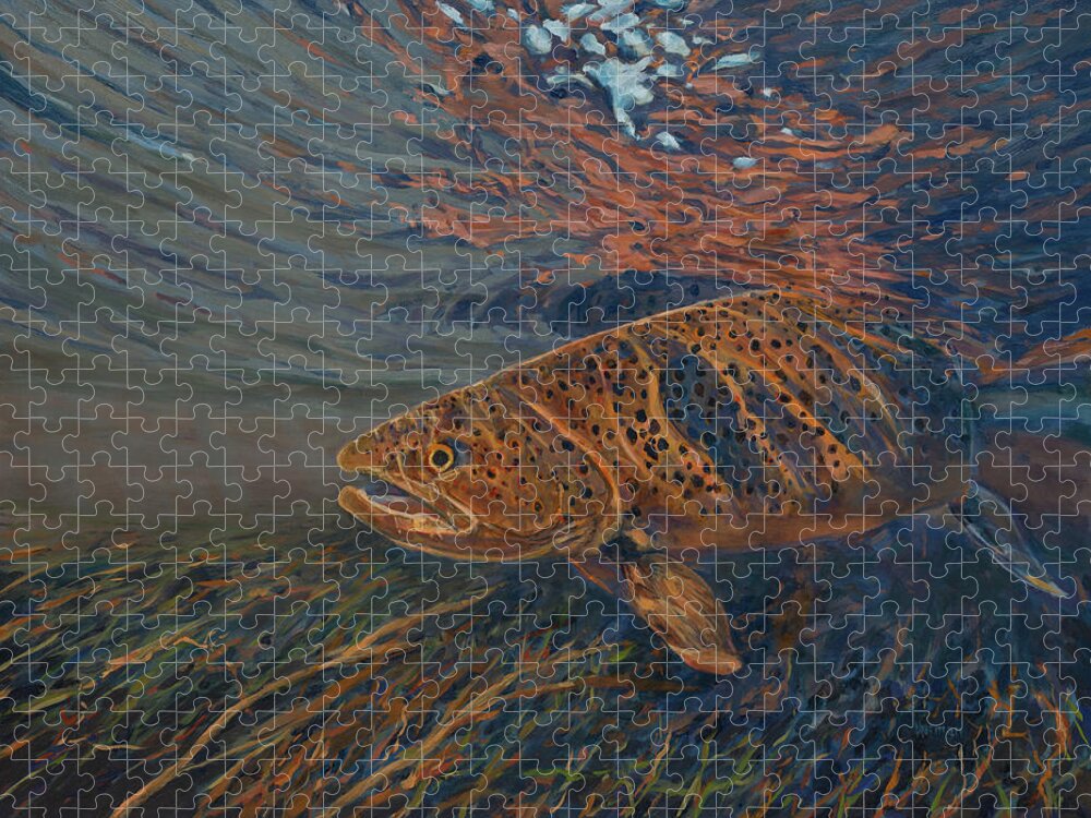 Brown Trout Jigsaw Puzzle featuring the painting Big Brown by Les Herman