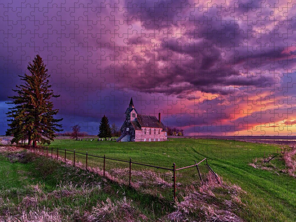 Big Coulee Lutheran Jigsaw Puzzle featuring the photograph Sunset at the Big Coulee Lutheran Church - Ramsey county North Dakota by Peter Herman