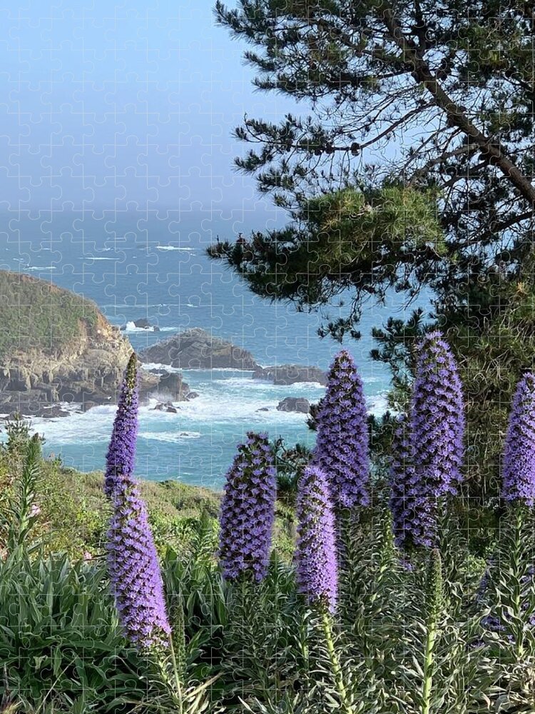 Ocean Jigsaw Puzzle featuring the photograph Big Sur Coast Purple Flowers by Sandy Rakowitz