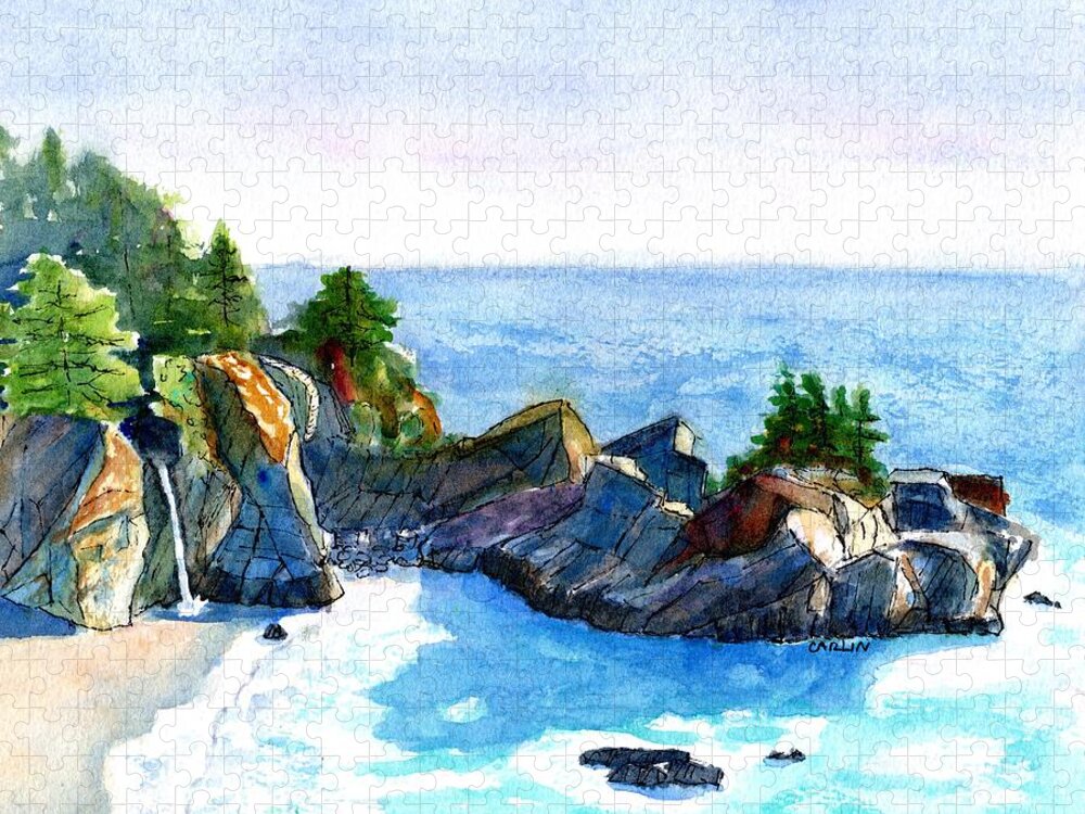 Mcway Falls Jigsaw Puzzle featuring the painting Big Sur McWay Falls by Carlin Blahnik CarlinArtWatercolor