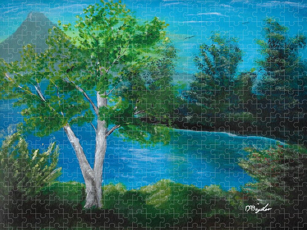 Lake Jigsaw Puzzle featuring the painting Birch on lake by David Bigelow