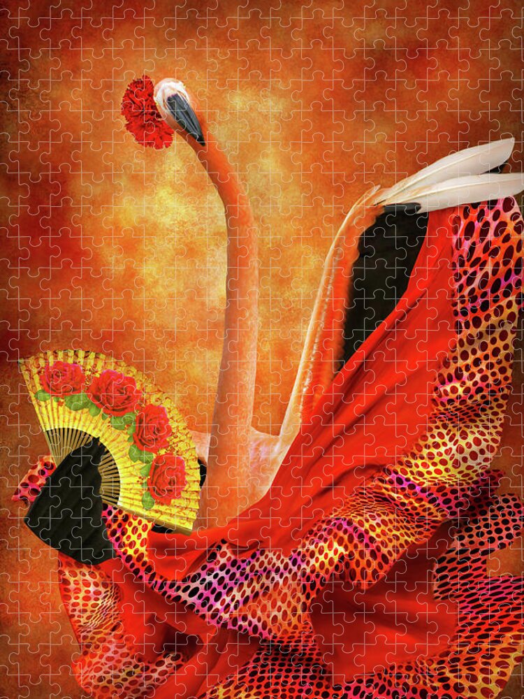 Phoenicopterus Jigsaw Puzzle featuring the photograph Bird - Flamingo - Flamengo Dancer by Mike Savad