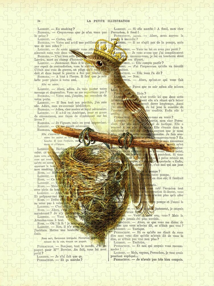 Bird Jigsaw Puzzle featuring the digital art Bird with golden crown and bird's nest art by Madame Memento