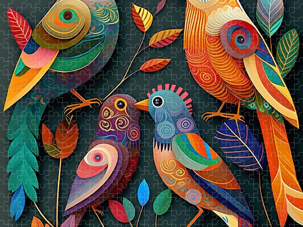 Birds Jigsaw Puzzle featuring the digital art Birds - Folk Art I by Jay Schankman