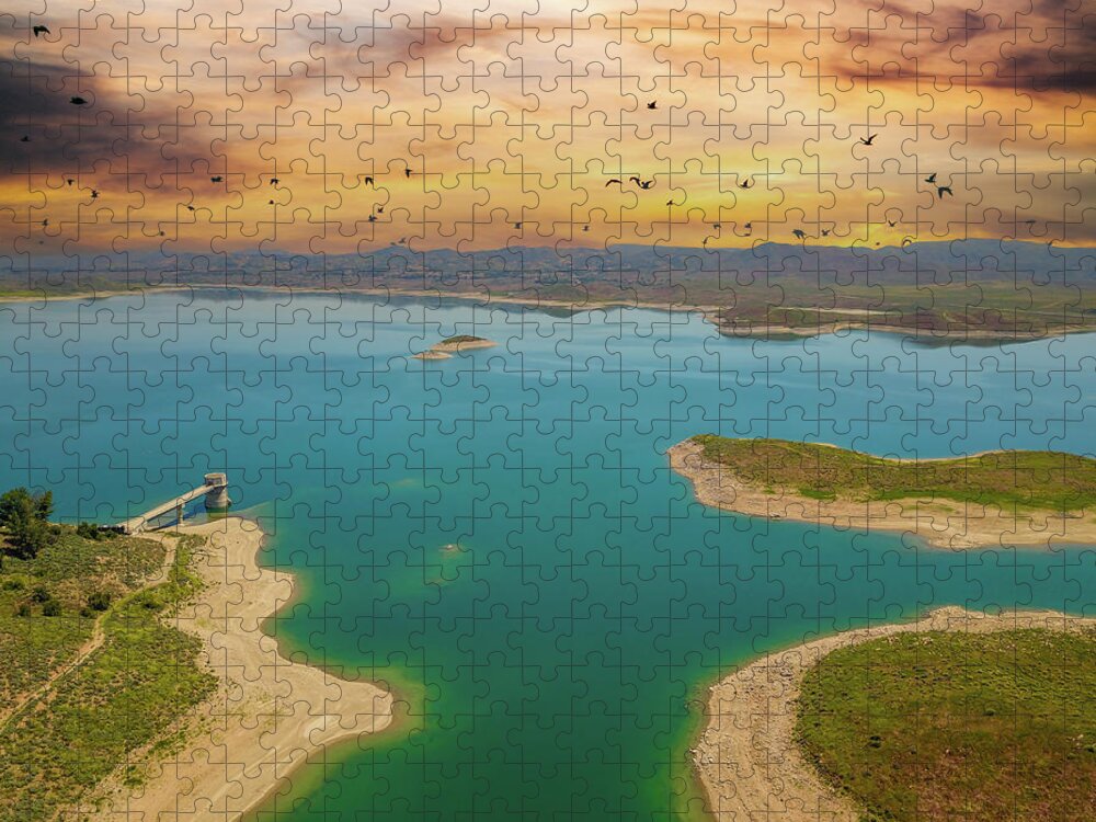 Lake Jigsaw Puzzle featuring the photograph Birds in Flight Over Lake Mathews by Marcus Jones
