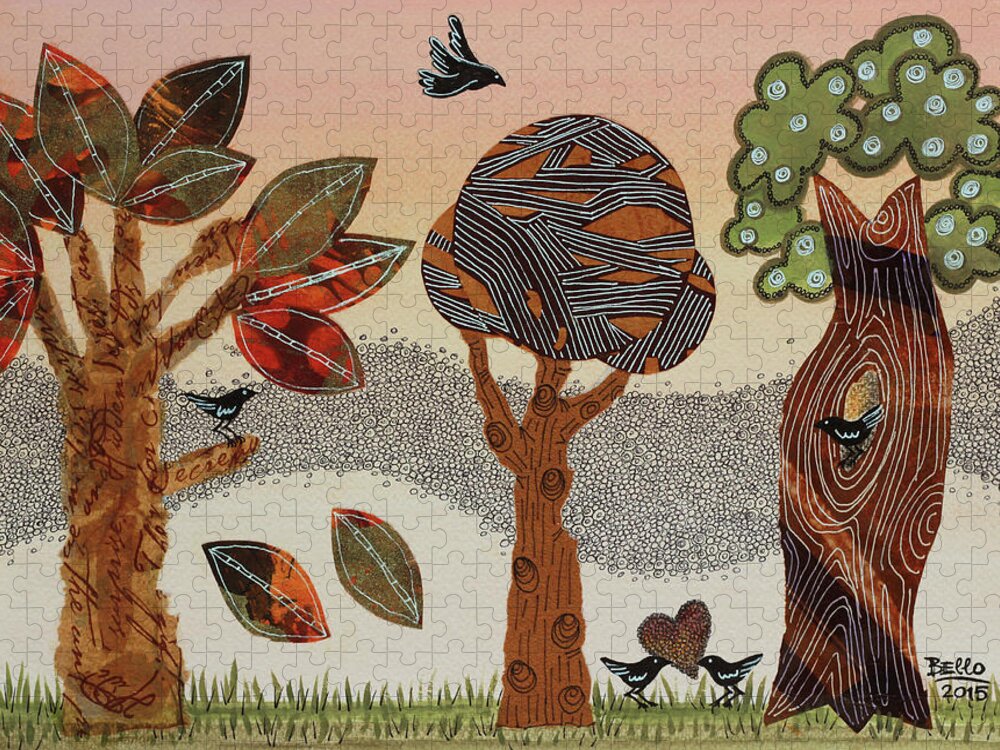 Trees Jigsaw Puzzle featuring the painting Birds Refuge by Graciela Bello