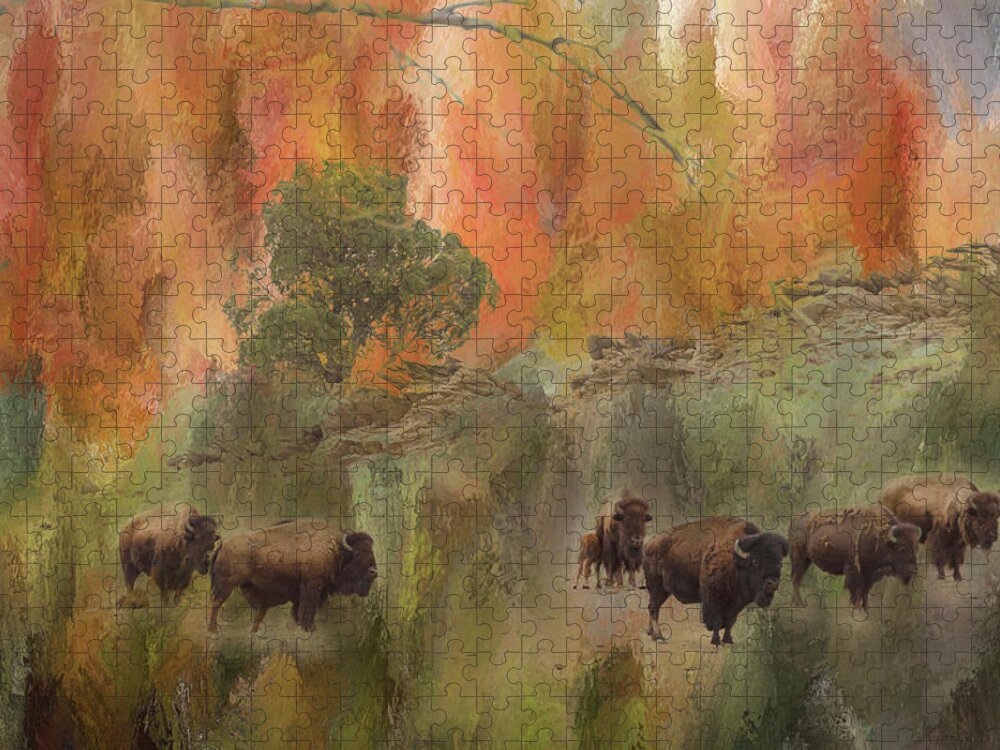Buffalo Art Jigsaw Puzzle featuring the photograph Bison Herd Watching by James BO Insogna