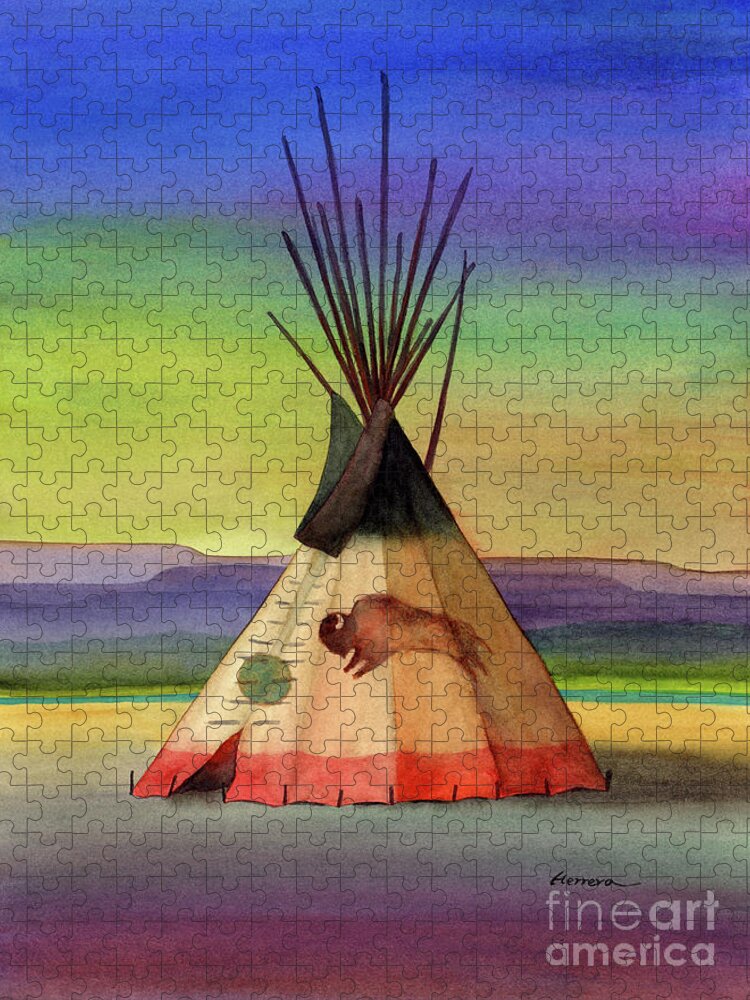 Tipi Jigsaw Puzzle featuring the painting Bison Tepee 3 by Hailey E Herrera