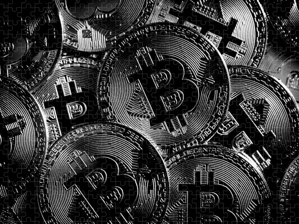 Bitcoin Jigsaw Puzzle featuring the photograph Bitcoin Cryptocurrency Art - Noir by Marianna Mills