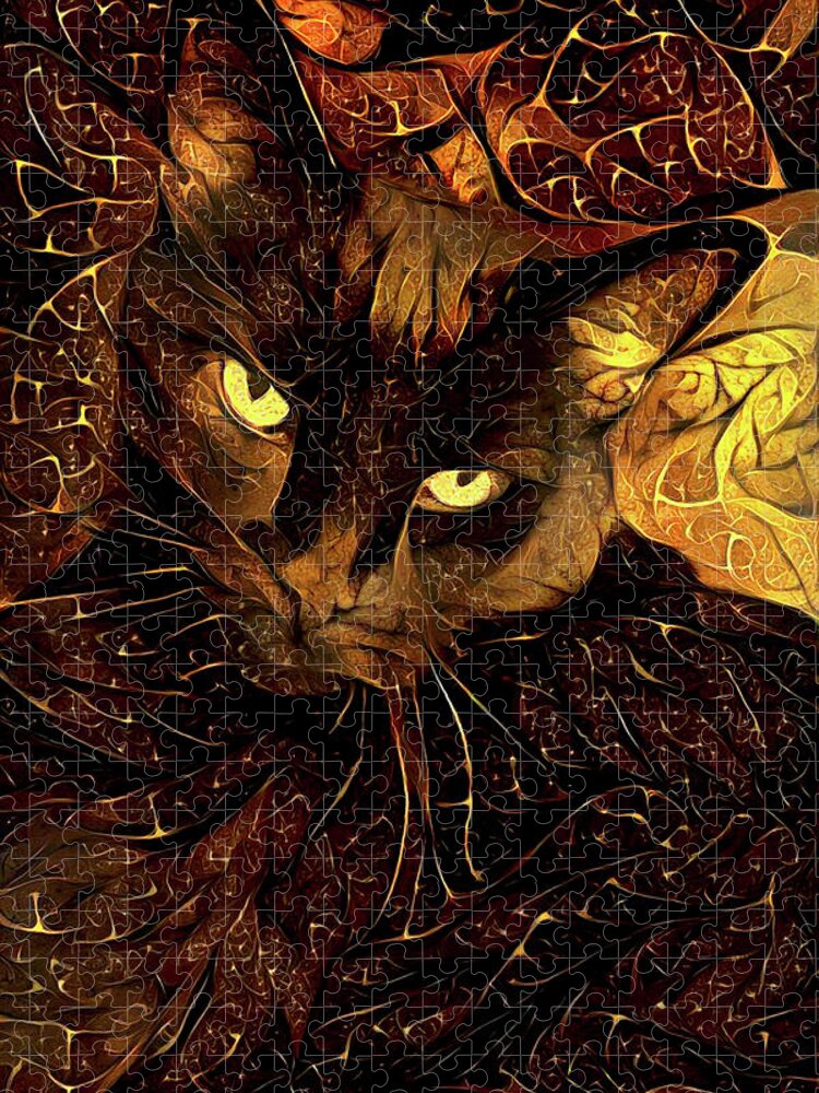 Black Cat Jigsaw Puzzle featuring the digital art Black and Gold Cat by Peggy Collins