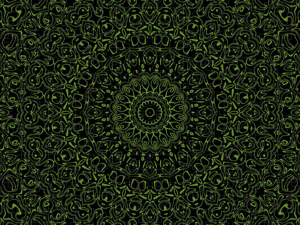 Black And Green Jigsaw Puzzle featuring the digital art Black and Green Mandala Kaleidoscope Medallion Flower by Mercury McCutcheon