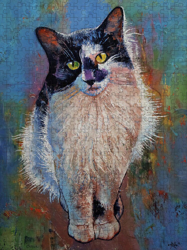 Cat Jigsaw Puzzle featuring the painting Black and White Cat by Michael Creese