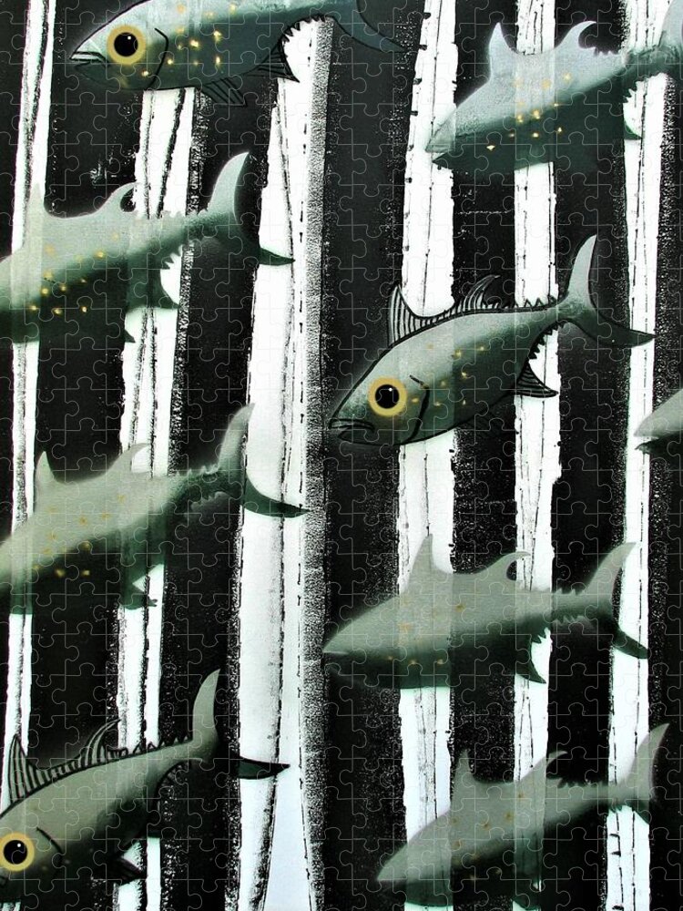Fish Jigsaw Puzzle featuring the painting Black and White Fish by Joan Stratton