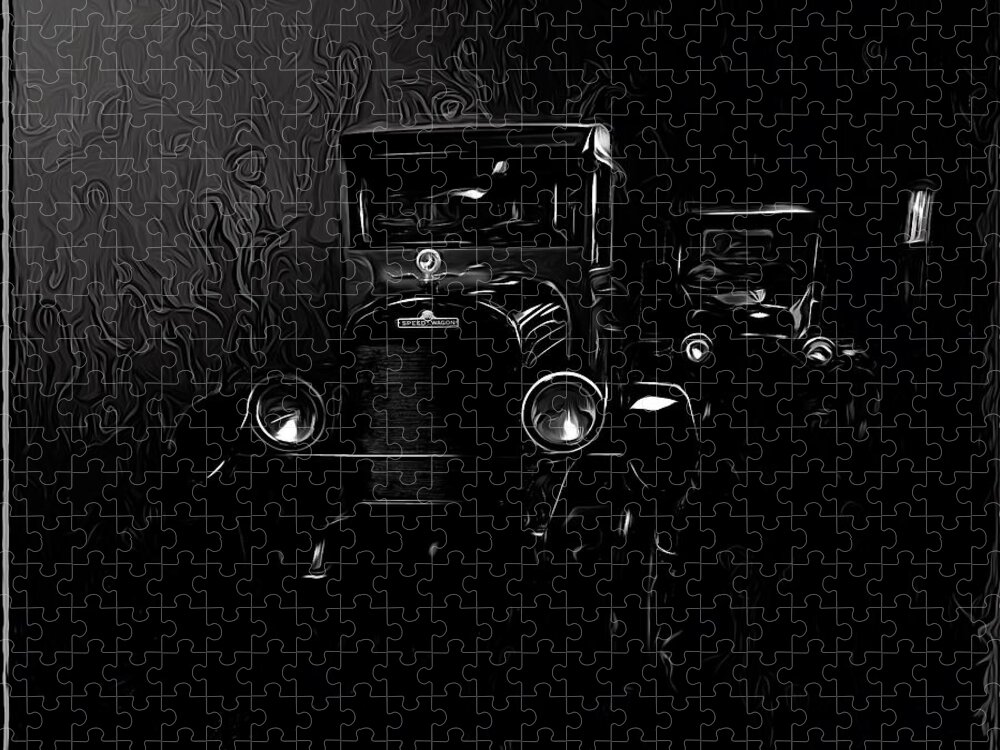 Classic Cars Jigsaw Puzzle featuring the mixed media Black And White REO Speedwagon At Night by Joan Stratton