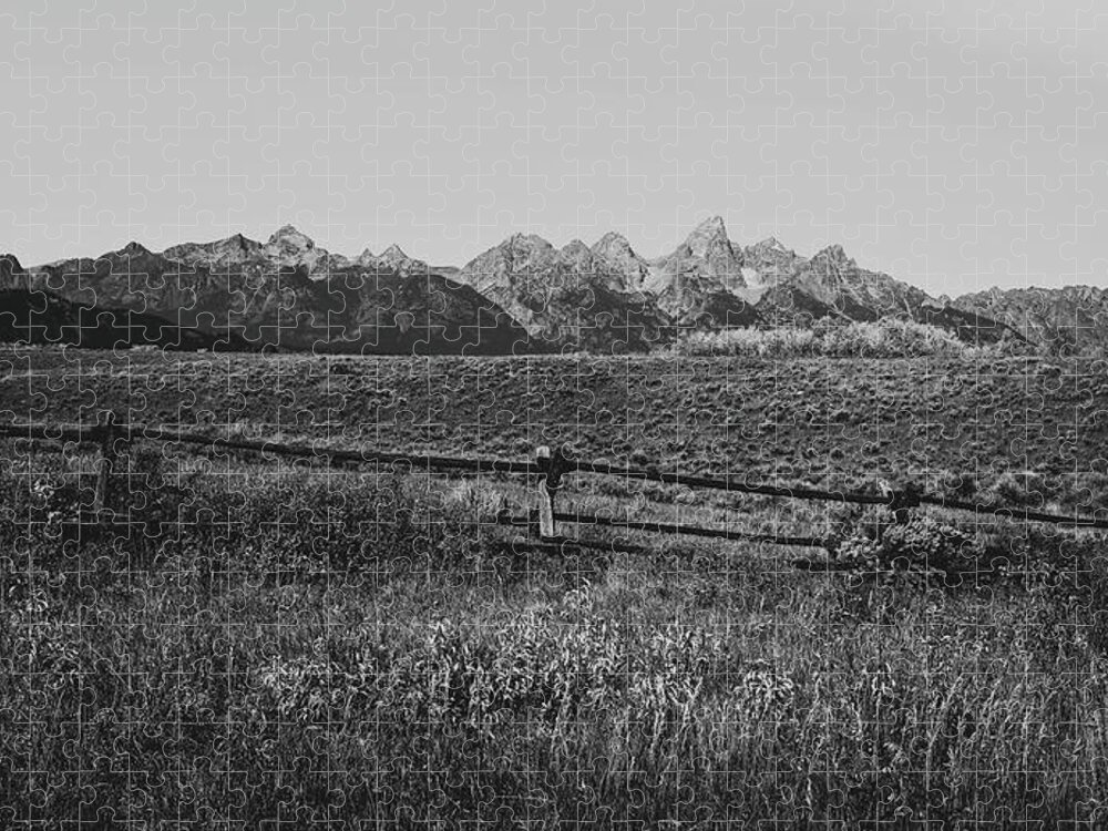 Beautiful Landscape In Grand Teton National Park Jigsaw Puzzle featuring the photograph Black And White Teton Landscape Rustic Fence by Dan Sproul