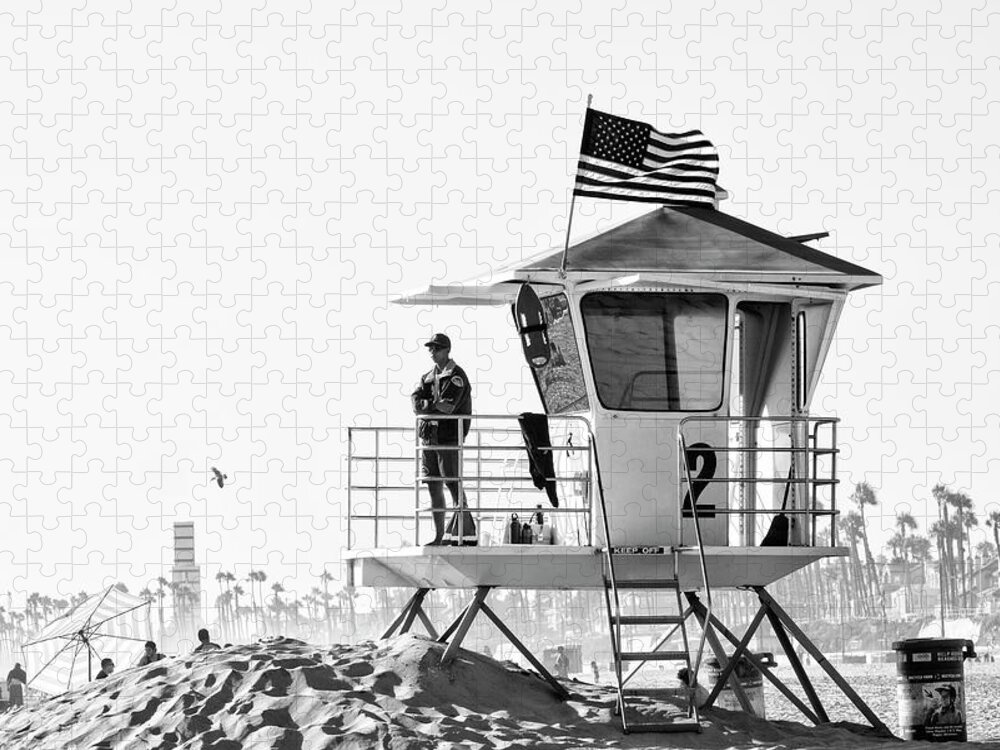 Huntington Beach Jigsaw Puzzle featuring the photograph Black California Series - Lifeguard Tower 2 by Philippe HUGONNARD