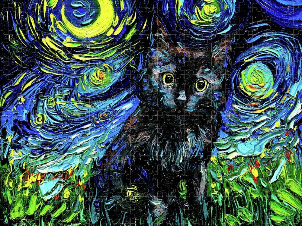 Black Cat Night 3 Jigsaw Puzzle featuring the painting Black Cat Night 3 by Aja Trier