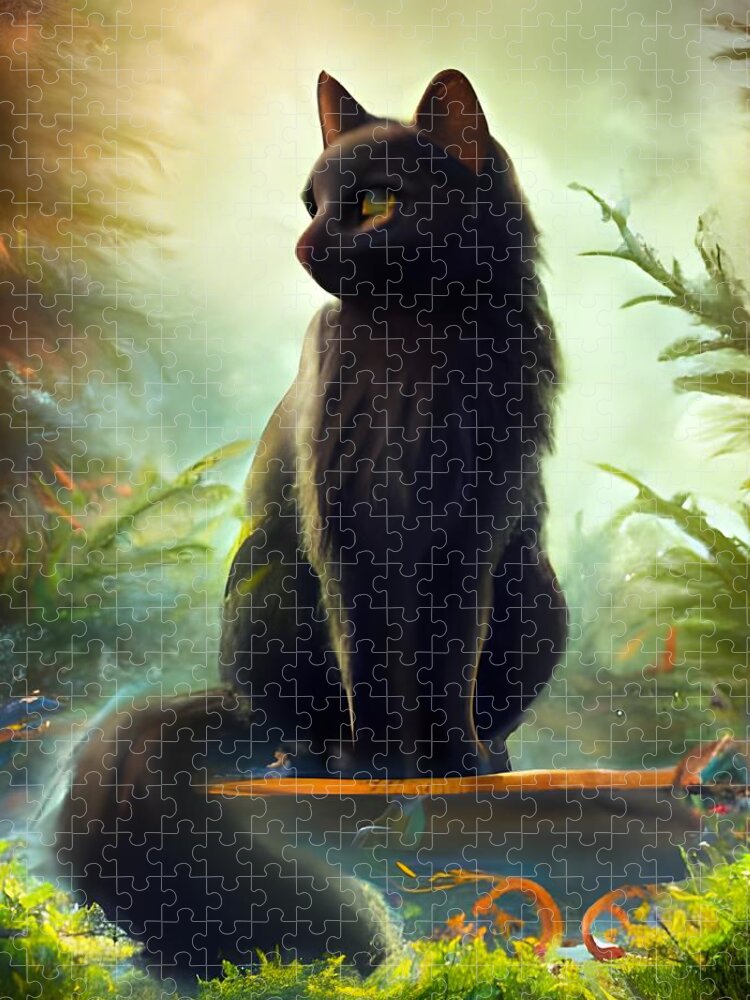 Cat Jigsaw Puzzle featuring the digital art Black Cat Sitting by Katrina Gunn
