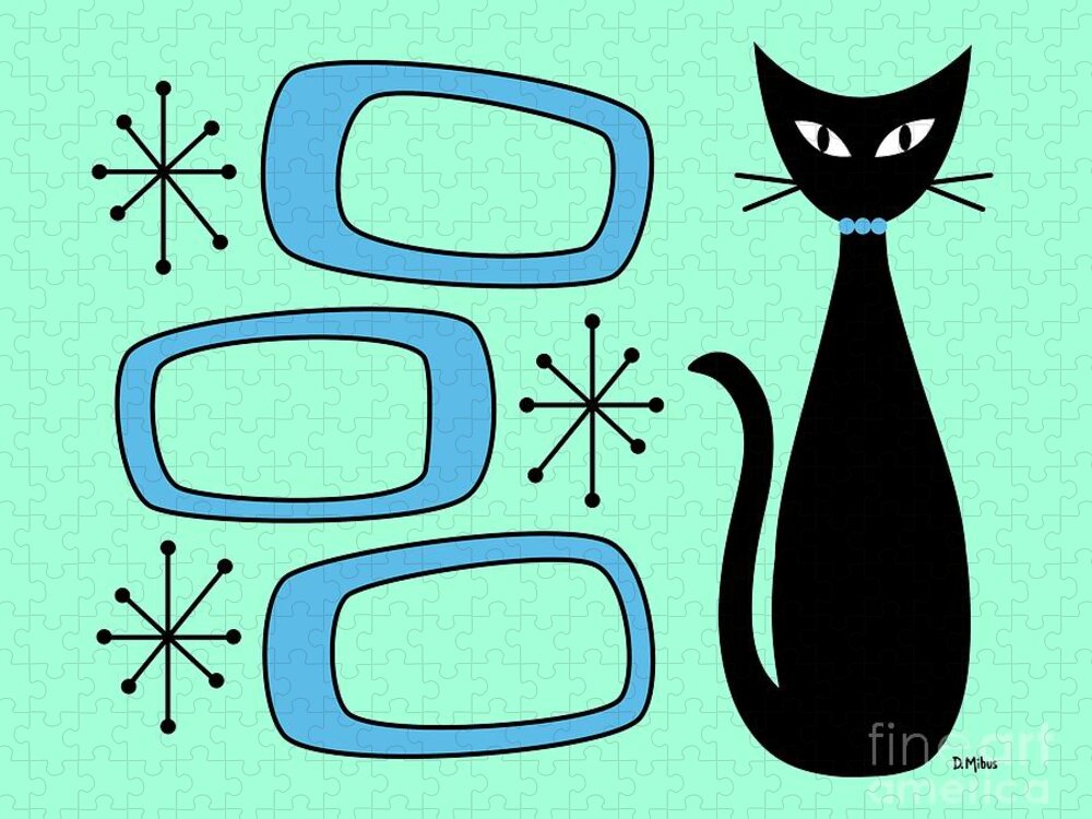 Mid Century Cat Jigsaw Puzzle featuring the digital art Black Cat with Mod Oblongs Aqua by Donna Mibus