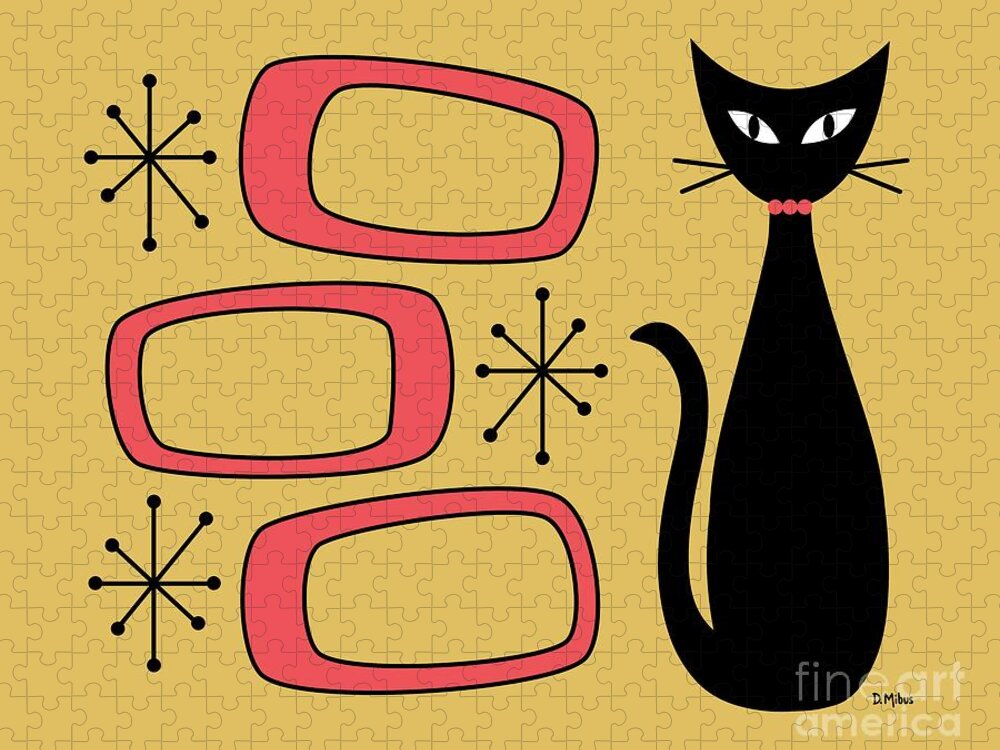 Mid Century Cat Jigsaw Puzzle featuring the digital art Black Cat with Mod Oblongs Yellow by Donna Mibus