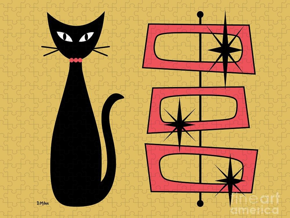 Mid Century Cat Jigsaw Puzzle featuring the digital art Black Cat with Mod Rectangles Yellow by Donna Mibus