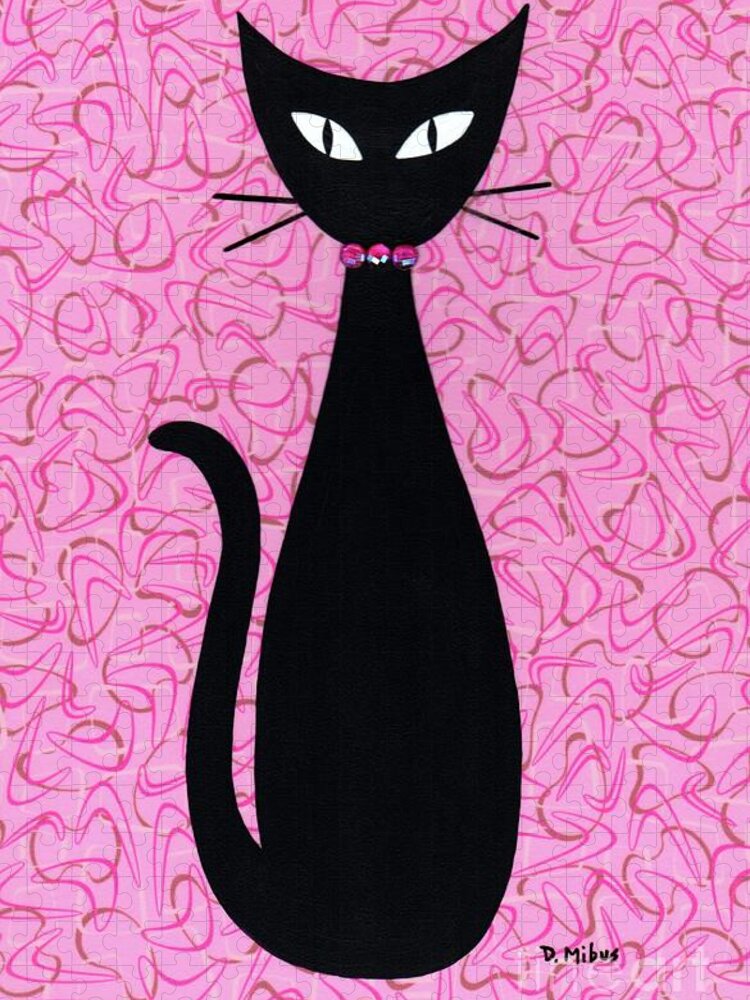Mid Century Modern Black Cat Jigsaw Puzzle featuring the mixed media Black Cat with Pink Rhinestone Collar by Donna Mibus