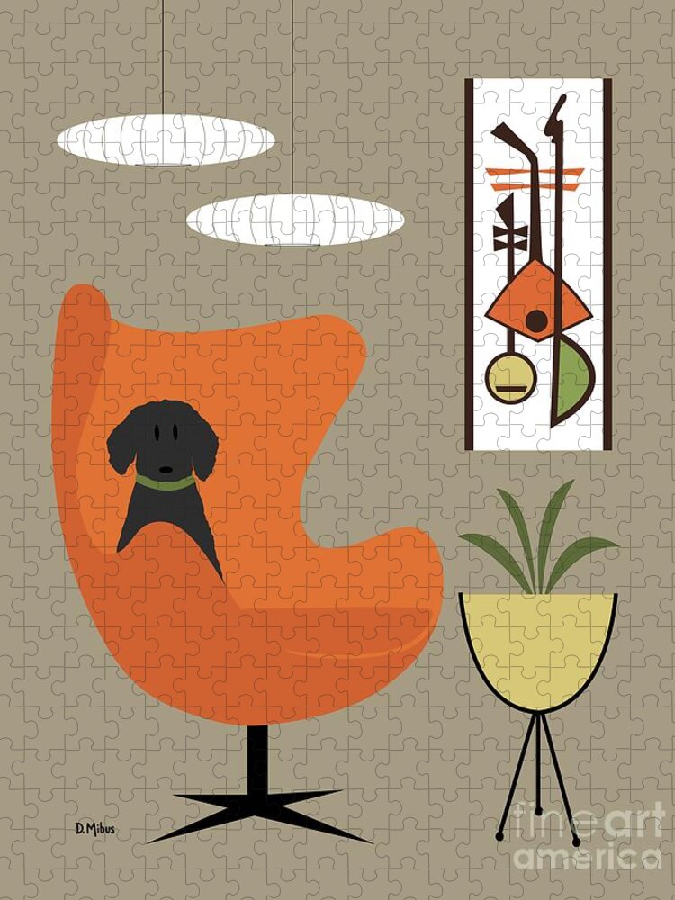 Mid Century Modern Jigsaw Puzzle featuring the digital art Black Dog in Orange Mid Century Chair by Donna Mibus