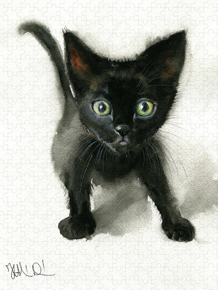 Kitten Jigsaw Puzzle featuring the painting Black Kitten Painting by Dora Hathazi Mendes