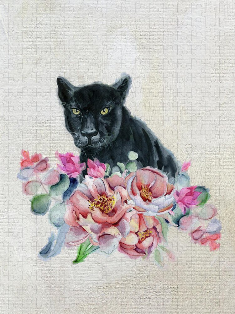 Black Panther Jigsaw Puzzle featuring the painting Black Panther With Flowers by Garden Of Delights