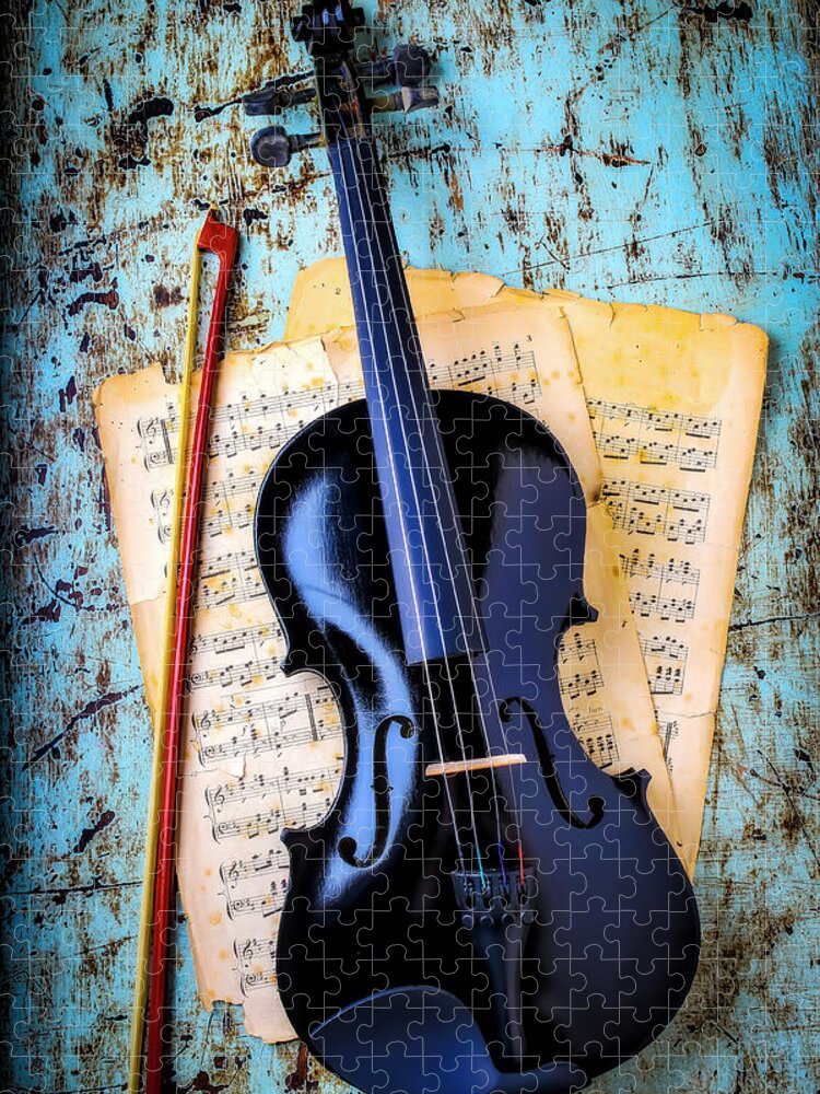 Black Violin On Old Blue Table Jigsaw Puzzle by Garry Gay - Pixels