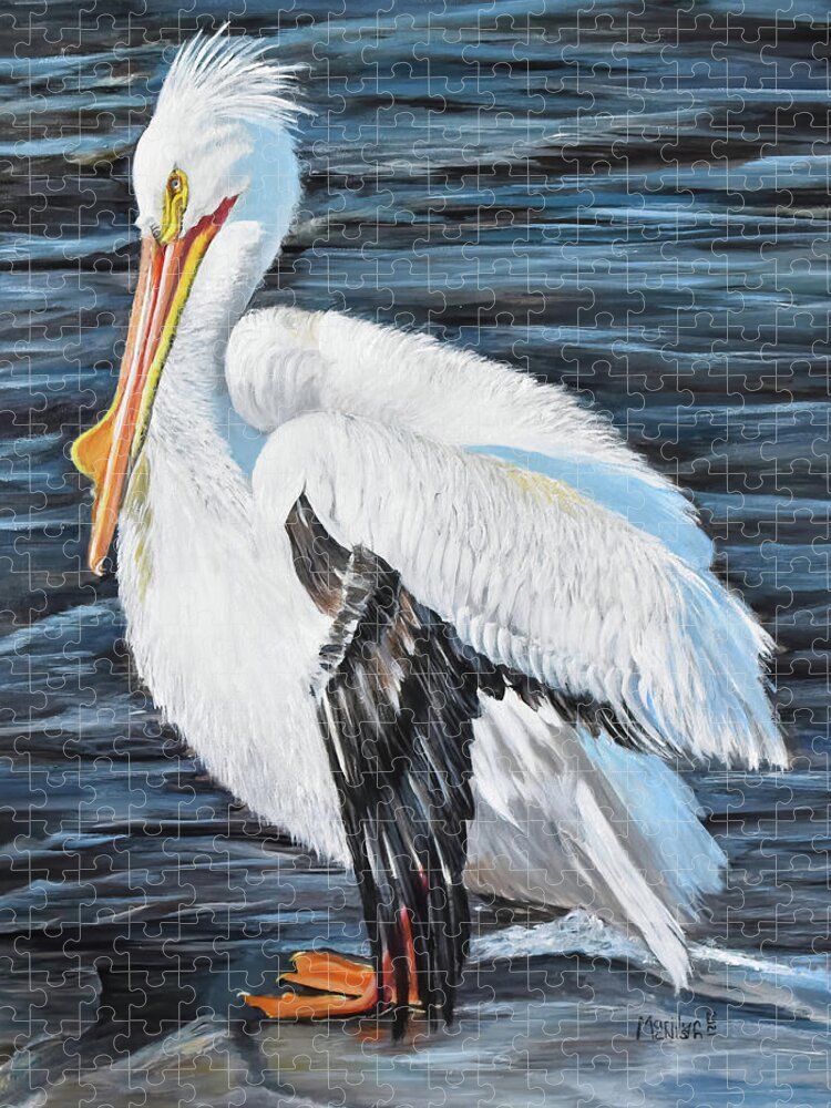 American White Pelicans Jigsaw Puzzle featuring the painting Black Wing Down by Marilyn McNish