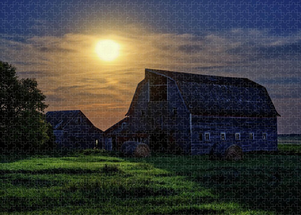 Abandoned Jigsaw Puzzle featuring the photograph Blackmore Barn Nightscape #1 - abandoned ND barn in moonlight by Peter Herman