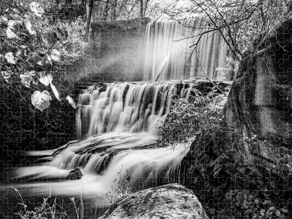 Mirror Lake Jigsaw Puzzle featuring the photograph Blanchard Springs Waterfall Below Mirror Lake - Black and White Edition by Gregory Ballos