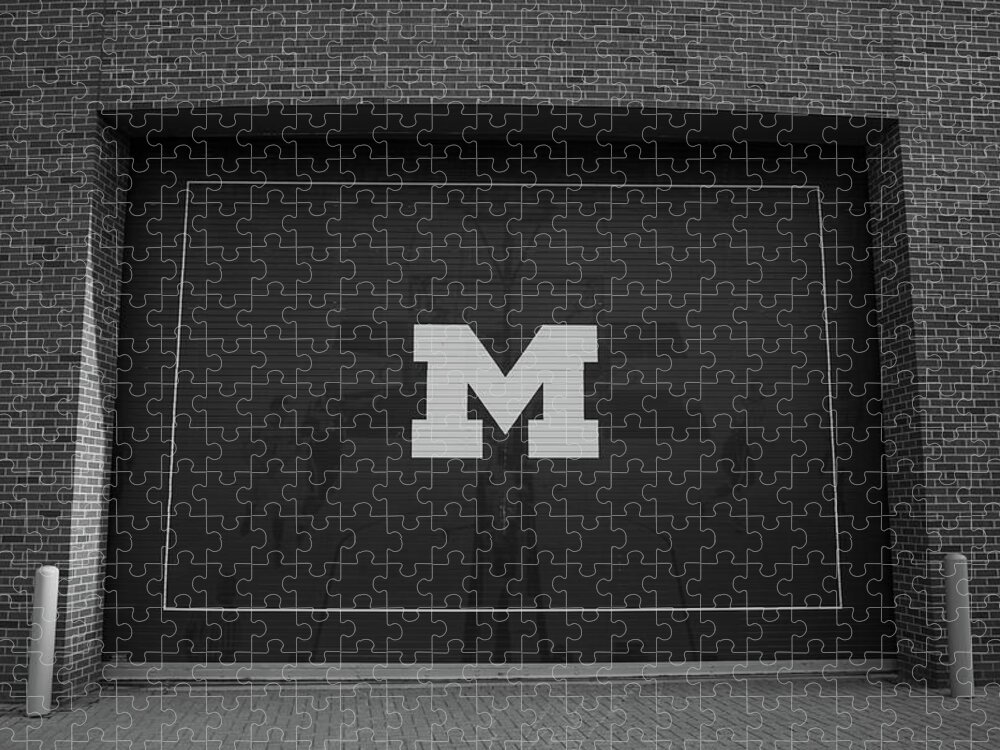 Michigan Wolverines Football Jigsaw Puzzle featuring the photograph Block M sign in black and white by Eldon McGraw