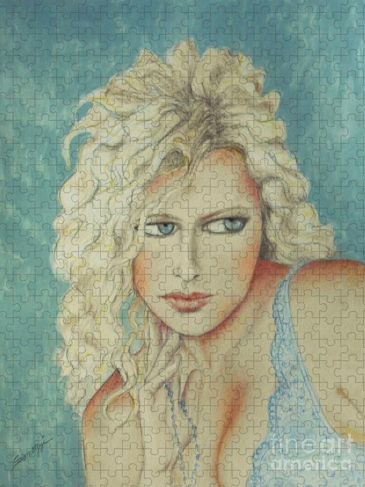 Bombshell Jigsaw Puzzle featuring the drawing Blond Bombshell No. 2 by Jayne Somogy