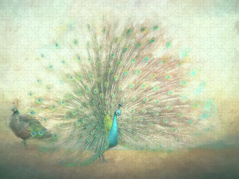 Peacock Jigsaw Puzzle featuring the painting Blooming Peacock in Mint Green by Jai Johnson
