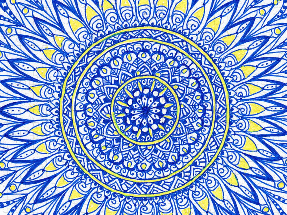 Mandala Jigsaw Puzzle featuring the drawing Blue and Yellow Flower Mandala by Laura Iverson