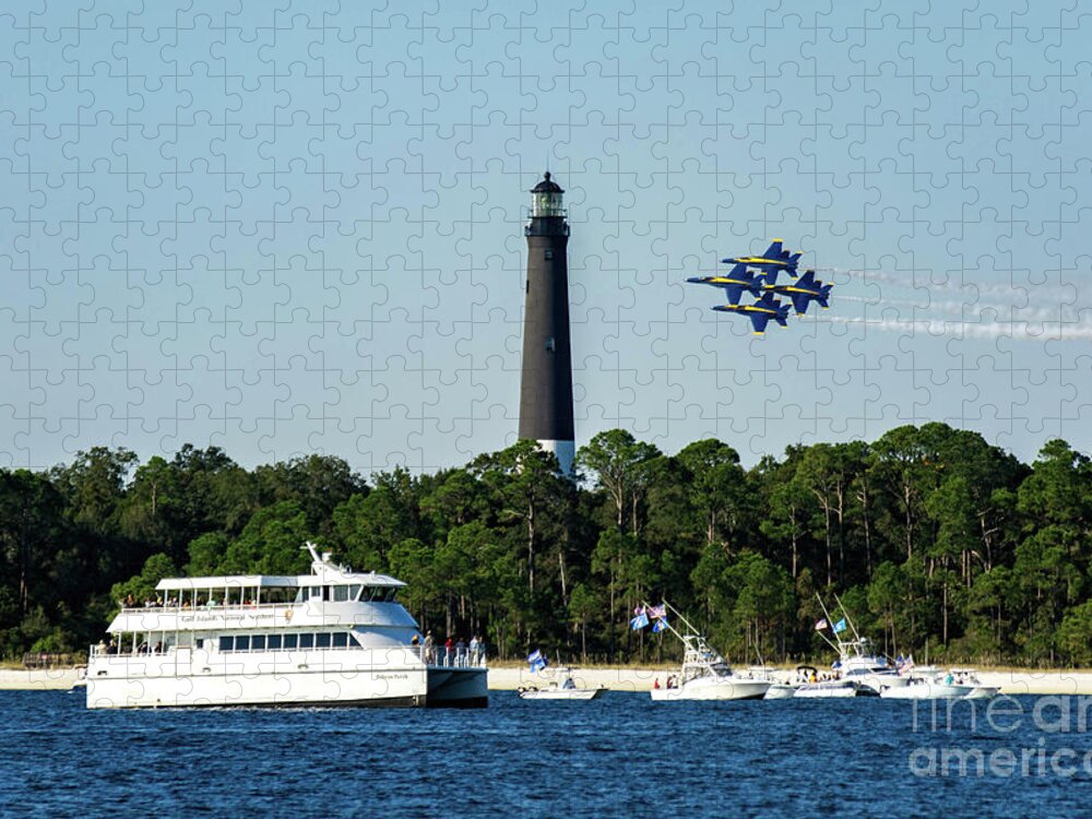 Blue Angels Jigsaw Puzzle featuring the photograph Blue Angels over Pensacola Lighthouse and Ferry by Beachtown Views