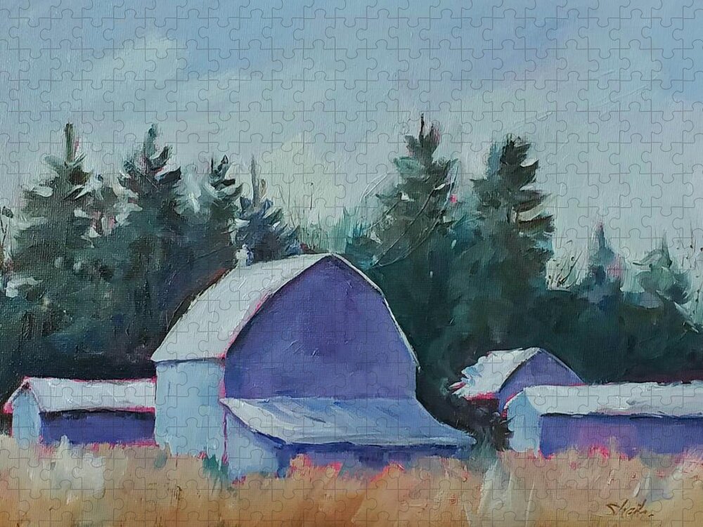 Farm Jigsaw Puzzle featuring the painting Blue Barns by Sheila Romard